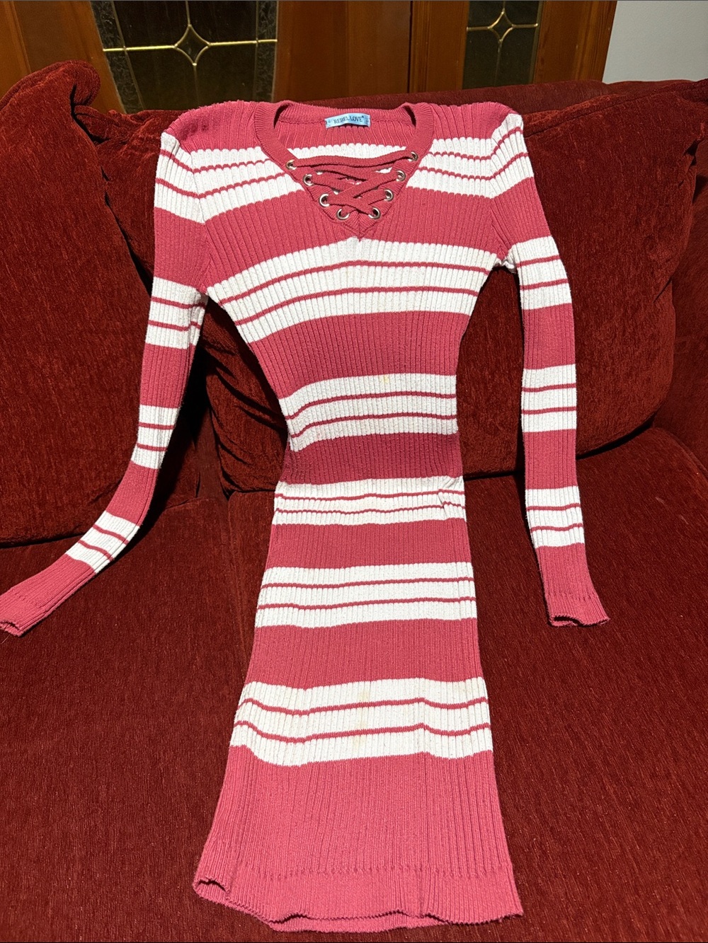 💙Ribbed Lace-Up Long Sleeve Dress in Pink and White Stripes